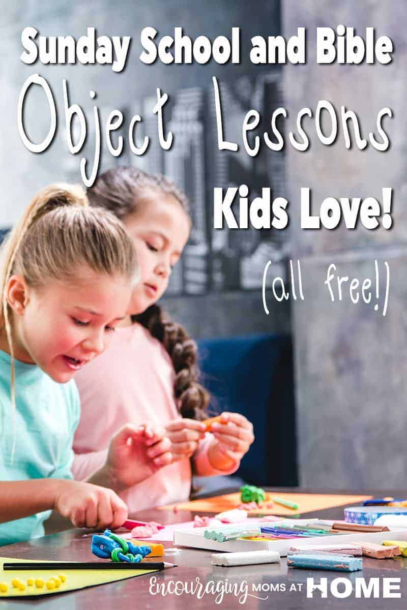 Finding quality, free Bible lessons for kids can be a daunting task. Here are 10 awesome and fun Bible lessons for kids. Two kids enjoy Bible class. Text Overlay Sunday school and Bible Object Lessons Kids Love.