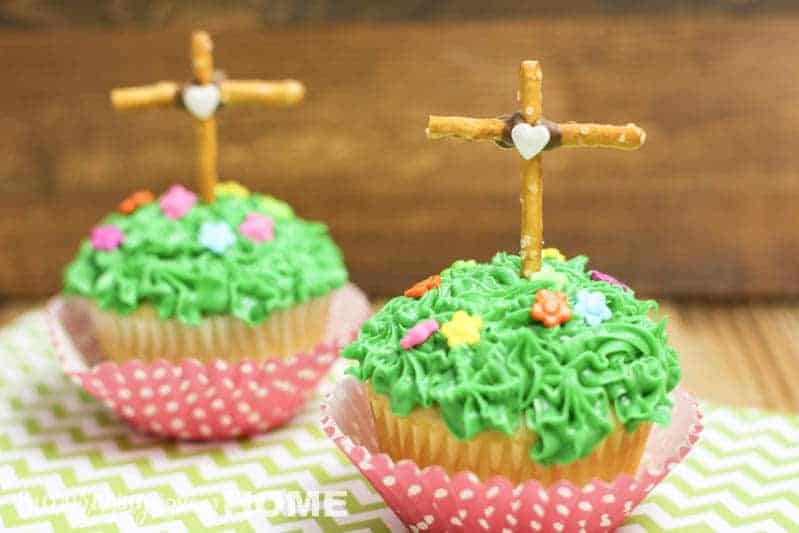 Cupcakes with a cross made out of pretzels for Easter.
