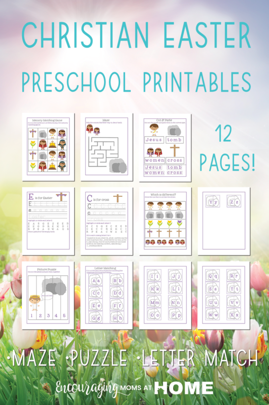 Christian Easter Preschool Printables pages shown on image. 