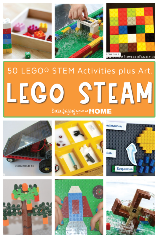 Text Overlay on image states 50 LEGO STEM Activities plus Art for LEGO STEAM. Collage of several LEGO STEM projects. 