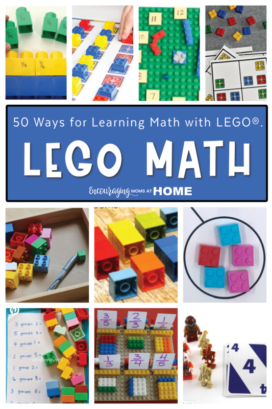 Small images of ways of learning math with lego in a collage. Text overlay says Lego Math.