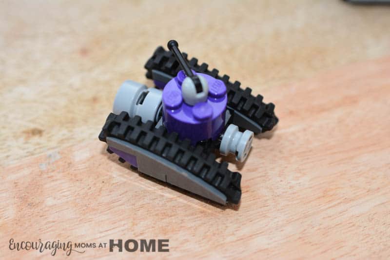 A purple version of the Lego mini tanks on display.