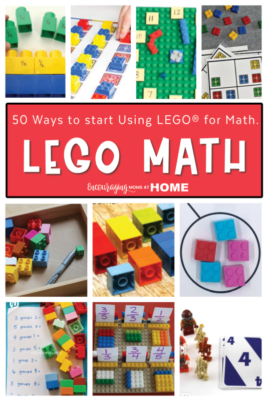 Various examples of Using Legos for Math. Small pictures in a collage. Text overlay says Lego Math. 