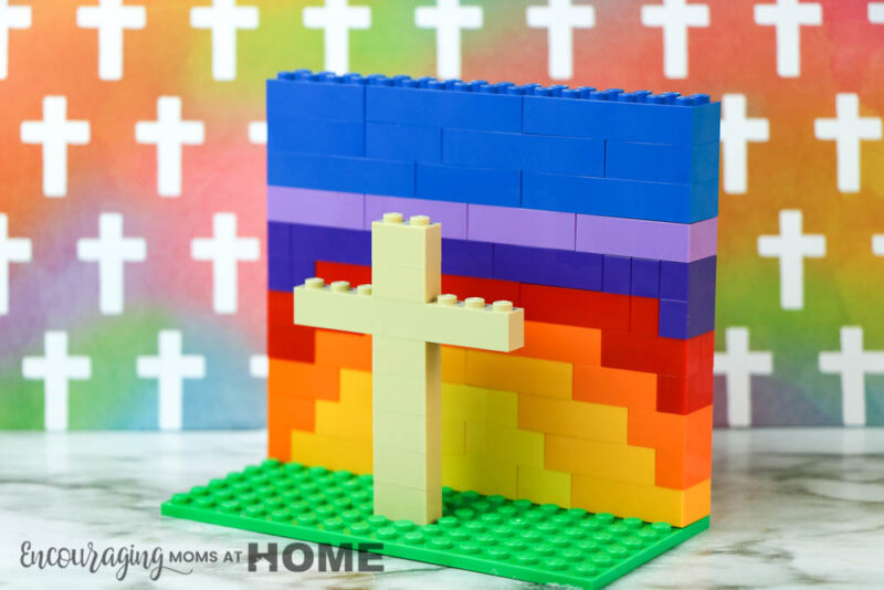 Completed rainbow LEGO Easter Cross.